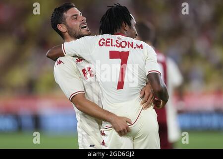 Monaco, Monaco, 10th August 2021. Gelson Martins of AS Monaco celebrates with team mate Kevin Volland after scoring to give the side a 1-0 lead during the UEFA Champions League match at Stade Louis II, Monaco. Picture credit should read: Jonathan Moscrop / Sportimage Stock Photo