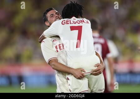 Monaco, Monaco, 10th August 2021. Gelson Martins of AS Monaco celebrates with team mate Kevin Volland after scoring to give the side a 1-0 lead during the UEFA Champions League match at Stade Louis II, Monaco. Picture credit should read: Jonathan Moscrop / Sportimage Stock Photo