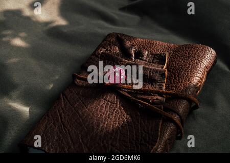Image of a transparent pink 20-sided die on top of a brown leather-bound book partially lit by sunlight Stock Photo