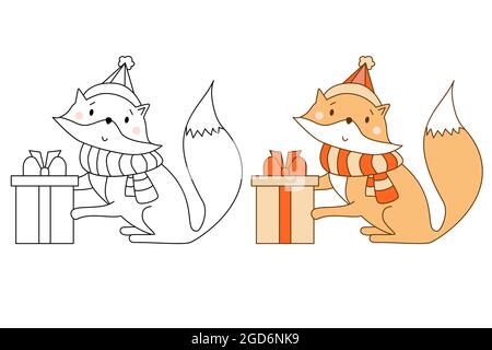 Fox in scarf and hat and large gift box. Animals collection - color drawing and line, outline. Vector illustration for kids collection, coloring pages Stock Vector