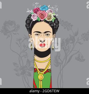 Frida Kahlo cartoon style portrait, She was a Mexican painter known for her many portraits, self-portraits, and works inspired by the nature and artif Stock Vector