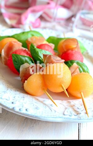 Raw prosciutto with melon on white Stock Photo - Alamy