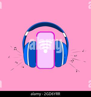 Headphones and a smartphone, a conceptual banner design for a music streaming service. Close-up.Vector Stock Vector