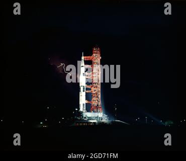 A Saturn V rocket on the launch pad at night. This is mission Apollo 15. Stock Photo