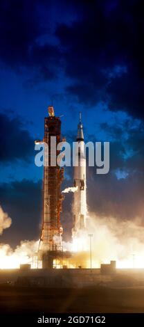 The Saturn V rockets lifts off from Cape Canaveral in Florida  on Nov 9 1969. This was mission Apollo 4, the first uncrewed test flight of the Saturn V rocket vehicle. Stock Photo
