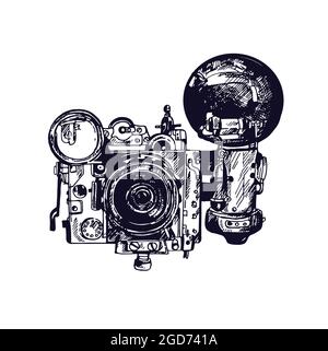 Hand drawn sketch style vintage photo camera isolated on white background. Vector illustration. Stock Vector