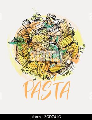 Hand drawn sketch style colored pasta dish isolated on white background. Vector illustration. Stock Vector