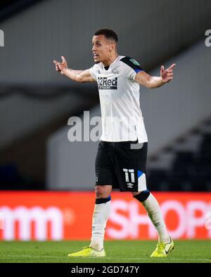 Derby, UK. 10th Aug, 2021. Ravel Morrison of Derby County during the Carabao Cup match between Derby County and Salford City at the Ipro Stadium, Derby, England on 10 August 2021. Photo by Andy Rowland. Credit: PRiME Media Images/Alamy Live News Stock Photo