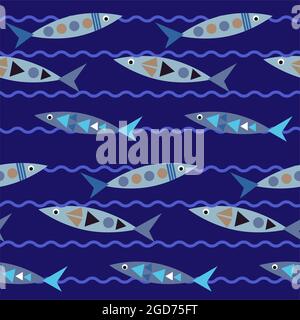Seamless pattern with fish and waves on a blue background. Marine drawing for childrens prints. Stock Vector