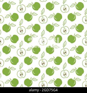 Seamless pattern with green apples. Stylized fruits. Vector illustration isolated on white background. Stock Vector
