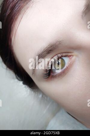 Lash extensions in beauty salon macro eye  Stock Photo