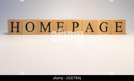 Homepage created from wooden cubes. News and media, broadcasting concepts. close up. Stock Photo