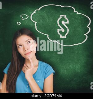Thought bubble dollar sign drawing young Asian woman thinking of money saving budget how to make profit idea. Illustration on green chalkboard Stock Photo