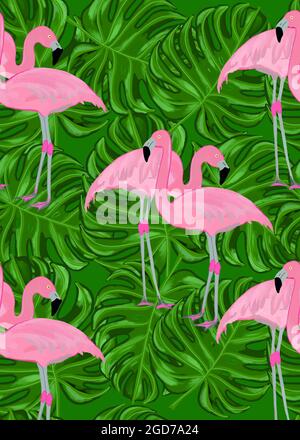 Tropical pattern with flamingos and monstera, pattern for material, background Stock Photo