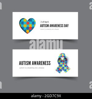Autism awareness day banner with heart of colorful puzzles and awareness ribbon. Template for web banner Stock Vector