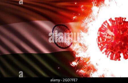 Computer graphics illustration of the national flag of the Republic of India threatened by pandemic of covid-19 with an aggressive coronavirus delta v Stock Photo