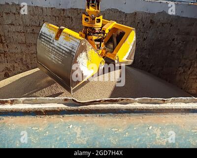 Loading and unloading of bulk cargo for export by sea. Sea transportation of agricultural cargo. a crane with a manipulator bucket loads wheat onto a Stock Photo