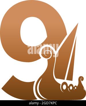 Number 9 with logo icon viking sailboat design template illustration Stock Vector