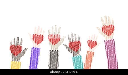 Childrens scribble hands with red hearts raised in different colors. Charity, volunteering and donating concept. Flat vector illustration isolated on Stock Vector
