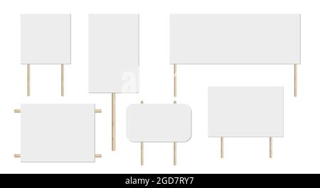 Blank placard. Realistic whiteboard on wooden sticks. Square plank mockup. Aid templates set. White empty frames. Demonstration billboards. 3D vector Stock Vector