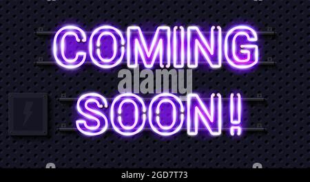 Coming soon lettering. Glowing neon letters. 3D vector illustration on technical background. Stock Vector