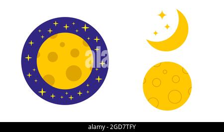 Moon icon set. Moon in space, crescent moon with stars. Moon in craters. Flat vector illustration isolated on white background. Stock Vector
