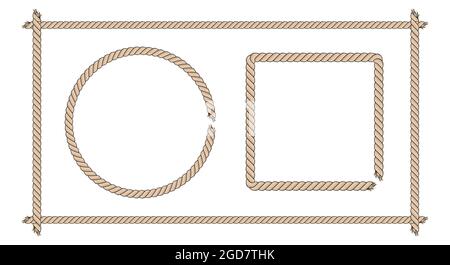 Square and round frames made of thick brown rope. Rope border set. Flat vector illustration isolated on white background. Stock Vector