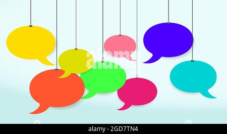 Multicolored empty speech bubbles hanging on strings. Round chat boxes hangs on stationery clips. 3D vector illustration on sky blue background. Stock Vector