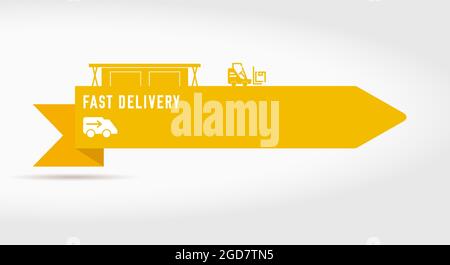 Fast delivery. Warehouse, forklift, delivery van. Paper cut ribbon banner. Flat vector illustration isolated on white background. Stock Vector