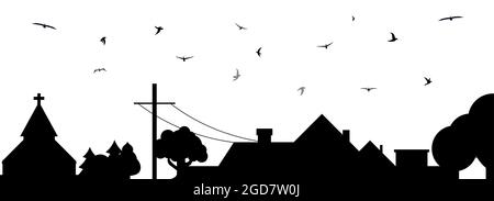 Rural scene. Country landscape silhouette with a flock of birds. Cow ...