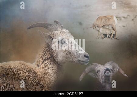 A creative composite of a female bighorn sheep, male bighorn sheep, and a female bighorn sheep nursing a lamb. Stock Photo