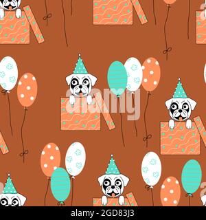 Dog pattern with balloons. Birthday party with pug puppy looks out from gift box and ballons. Repeat texture with dog on rusty background for party de Stock Vector