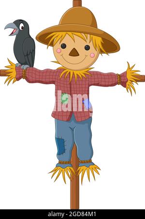 Cartoon funny scarecrow with crow bird Stock Vector