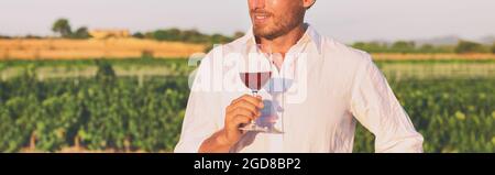 Wine tasting course outdoor at winery vineyard panoramic banner. Man holding glass of red wine at New Zealand farm tour summer vacation panorama Stock Photo