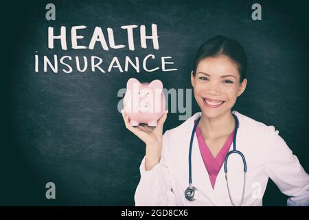 Health insurance cost doctor holding piggy bank expensive healthcare Stock Photo