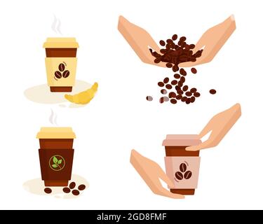 Set vector. Coffee break. Coffee beans. In the hands of coffee. Stock Vector