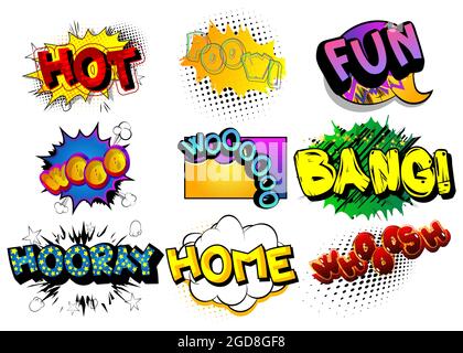 Hot, Poow, Fun, Wooo, Bang, Hooray, Home, Whooosh - Cartoon words, text effect. Speech bubble. Comics wording sound collection. Set for your comic boo Stock Vector