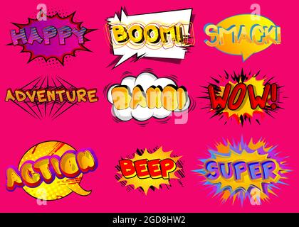 Happy, Boom, Smack, Adventure, Bang, Wow, Action, Beep, Super - Cartoon words, text effect. Speech bubble. Comics wording sound collection. Set for yo Stock Vector