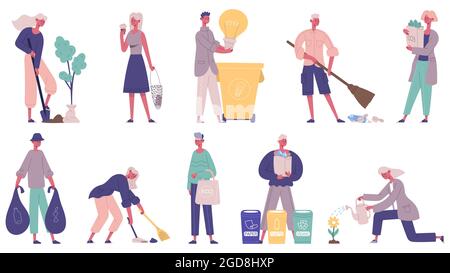 Eco friendly, zero waste, protecting environment volunteers. People collecting garbage, sorting waste vector illustration set. Environmental Stock Vector