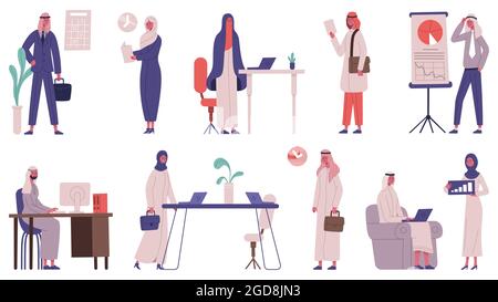Arab islamic office team business people characters. Male and female business partners vector illustration set. Saudi business meeting persons Stock Vector
