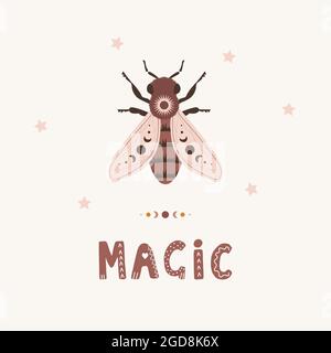 Honeybee boho poster. Insect with celestial elements. Scandinavian design for children wallpaper and home decor. Cute pastel vector illustration in Stock Vector