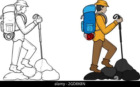 Hiking hand drawn illustration sketch and color Stock Vector