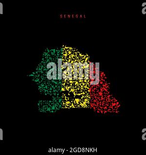 Senegal flag map, chaotic particles pattern in the colors of the Senegalese flag. illustration isolated on black background. Stock Photo