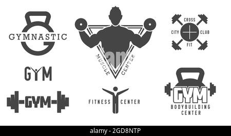 Bodybuilding badges, stickers, emblems. Monochrome fitness labels. Flat illustration isolated on white background. Stock Photo