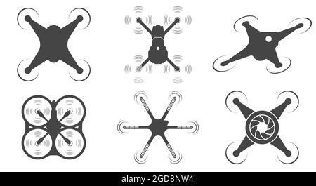 Drone silhouette icon set. Quadrocopters top view. Flat illustration isolated on white background. Stock Photo