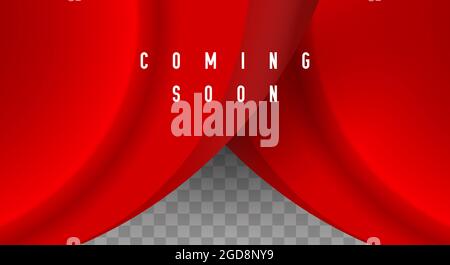 Coming soon lettering. Red curtain. 3D illustration on background. Stock Photo