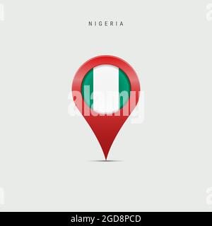 Teardrop map marker with flag of Nigeria. Nigerian flag inserted in the location map pin. 3D illustration isolated on light grey background. Stock Photo