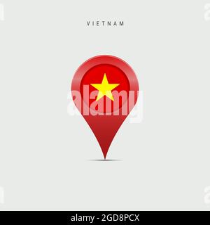 Teardrop map marker with flag of Vietnam. Vietnamese flag inserted in the location map pin. 3D illustration isolated on light grey background. Stock Photo