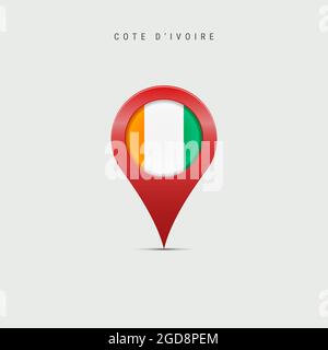 Teardrop map marker with flag of Cote d Ivoire. Ivory Coast flag inserted in the location map pin. 3D illustration isolated on light grey background. Stock Photo