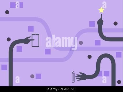 Three Long Hands Drawing Arms Pointing Fingers Touching Mobile Device Star And Pen. Multiple Stretched Hand Design Points Finger Pen Phone Symbols. Stock Vector